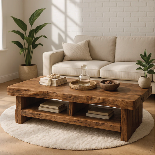 Handcrafted Solid Wood Coffee Table with Live Edge Design and Double Shelf for Storage Kitchnce