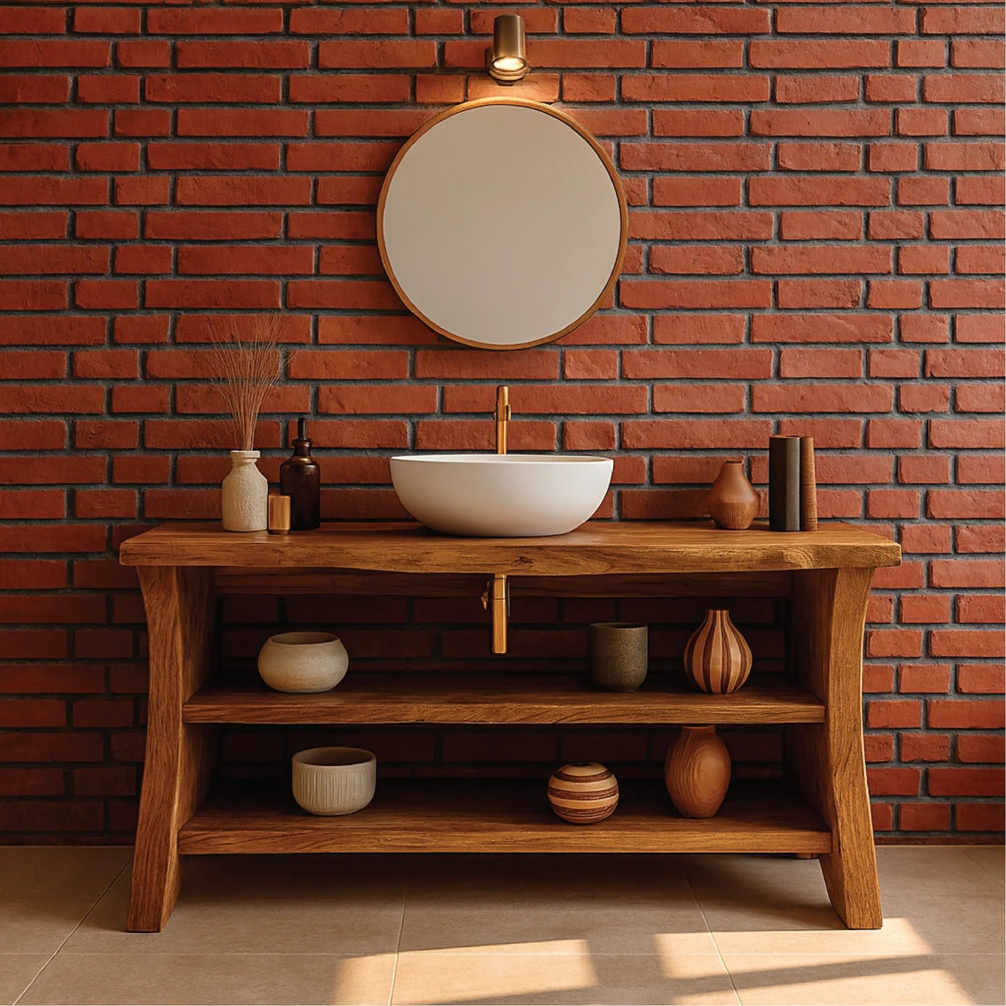 Handcrafted Solid Wood Bathroom Vanity with Live Edge Design and Double Open Storage Shelves Kitchnce