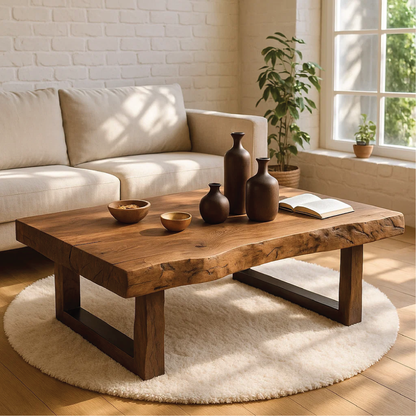 Handcrafted Solid Wood Coffee Table with Live Edge Top and Modern Minimalist Base Design Kitchnce