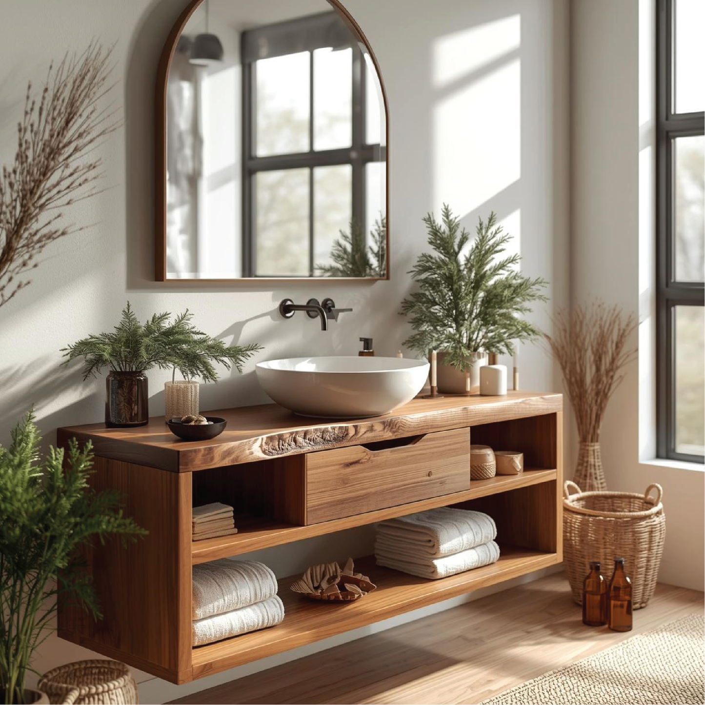Handcrafted Solid Wood Floating Bathroom Vanity with Open Shelf Storage and Natural Live Edge Kitchnce