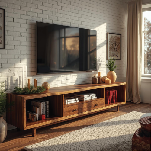 Handcrafted Solid Wood TV Stand with Natural Finish and Modern Storage Design for Living Room Kitchnce