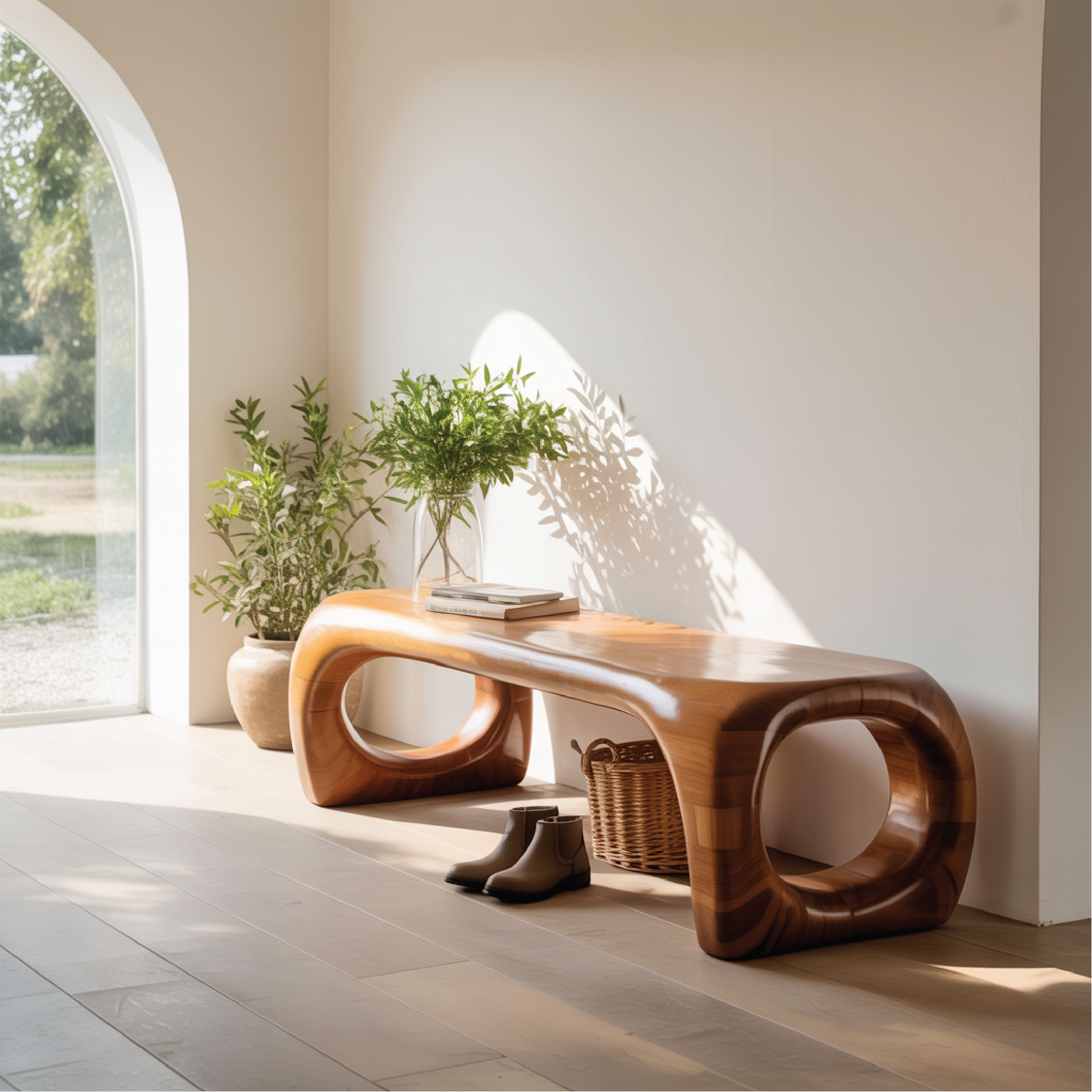 Handcrafted Solid Wood Entryway Bench with Modern Sculpted Organic Frame and Polished Finish Kitchnce