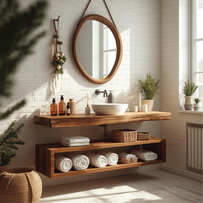 Handcrafted Solid Wood Floating Bathroom Vanity with Live Edge Countertop and Open Storage Shelf Kitchnce