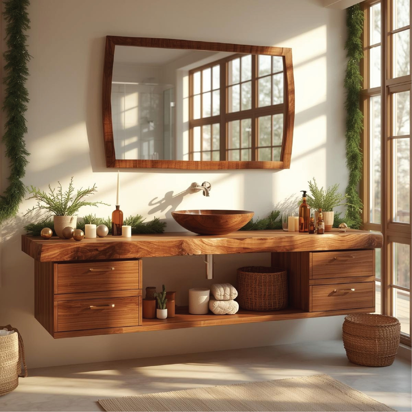 Handcrafted Solid Wood Floating Bathroom Vanity with Drawers and Natural Live Edge Countertop Kitchnce