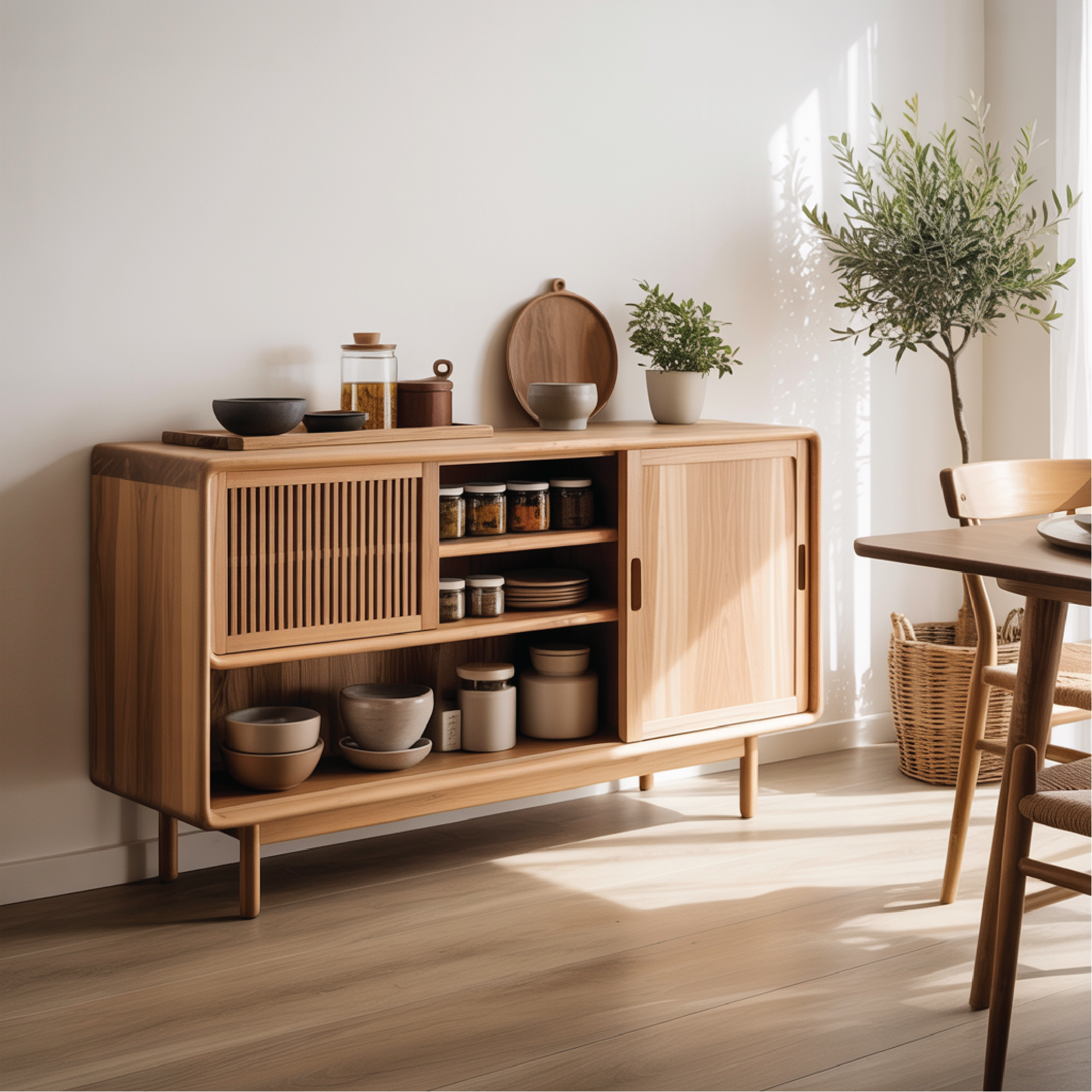 Solid Wood Console Table with Sliding Doors – Modern Handcrafted Storage for Dining Space Kitchnce