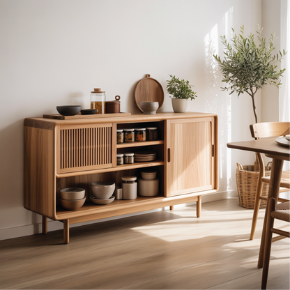Solid Wood Console Table with Sliding Doors – Modern Handcrafted Storage for Dining Space Kitchnce
