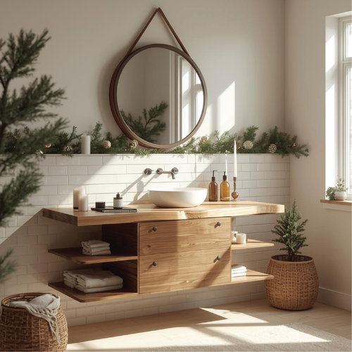 Handcrafted Solid Wood Floating Bathroom Vanity with Shelf Storage and Natural Modern Design Kitchnce