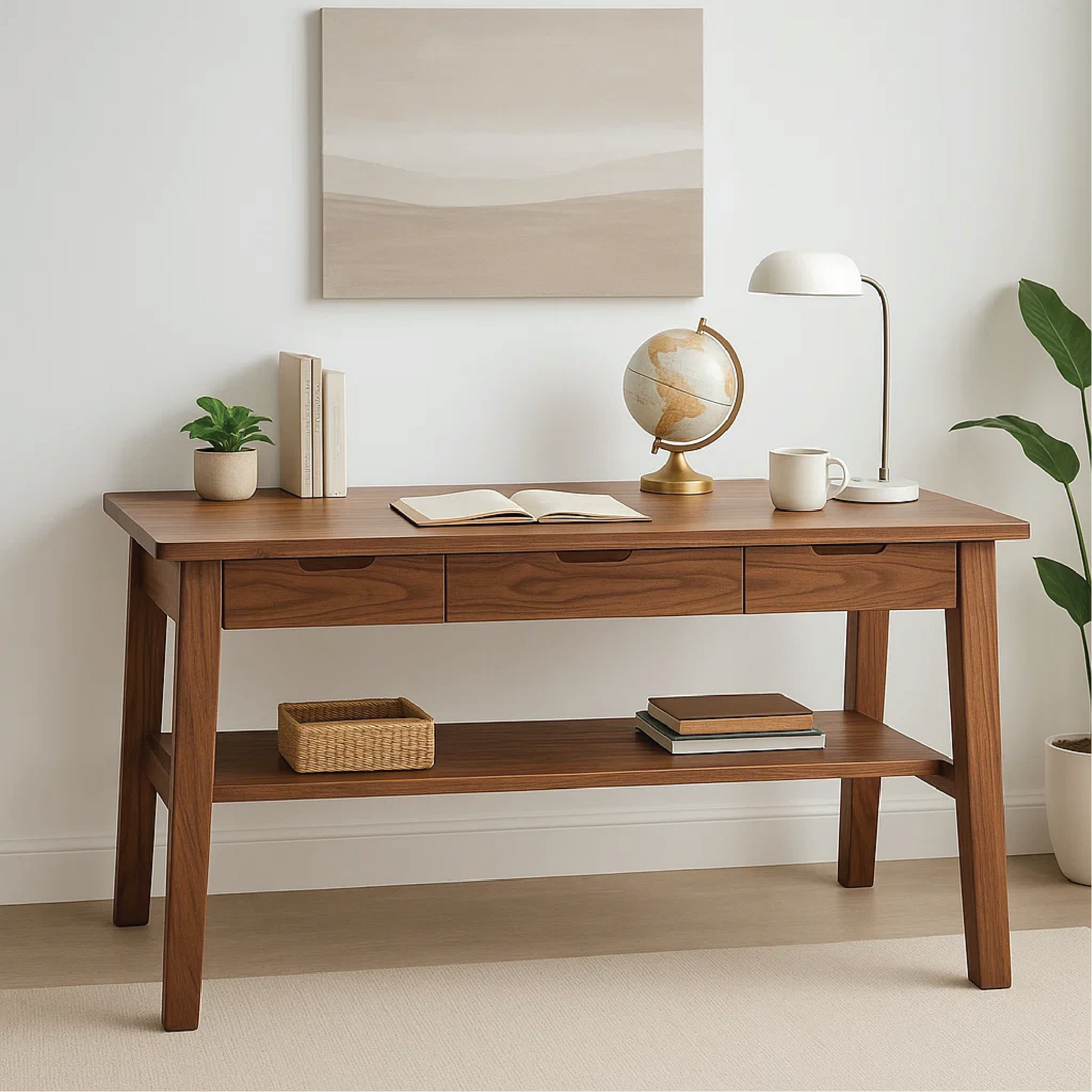 Handcrafted Solid Wood Writing Desk – Minimalist Work Table with Drawers and Open Shelf Design Kitchnce