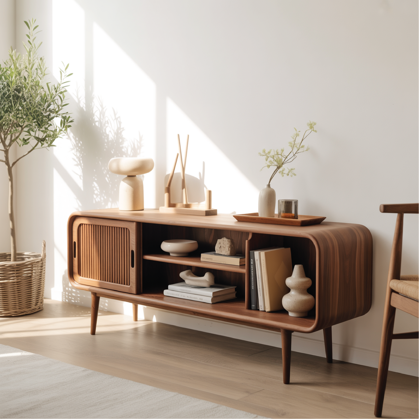 Solid Wood Console Table with Sliding Door – Handcrafted Mid-Century Storage & Display Shelf Kitchnce