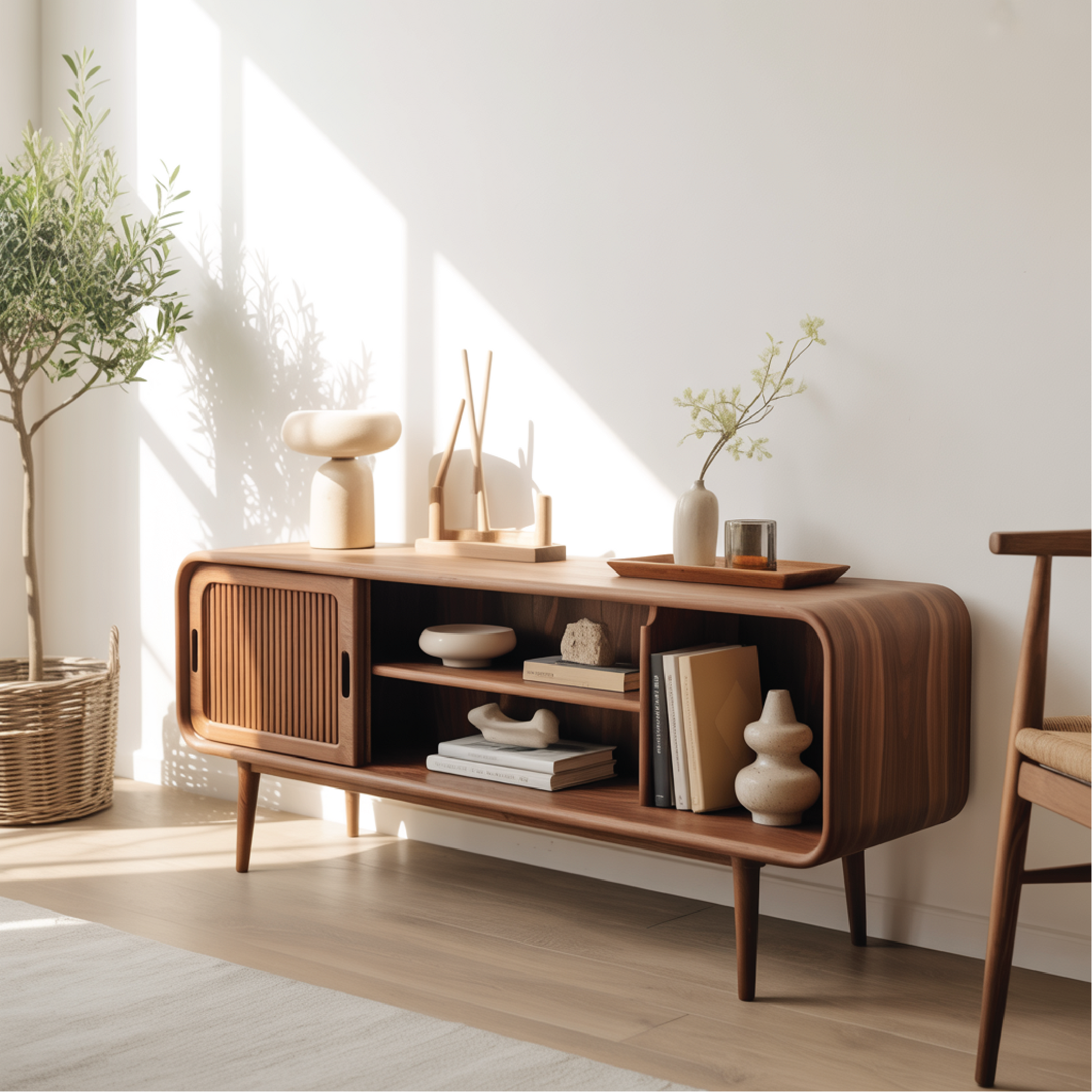 Solid Wood Console Table with Sliding Door – Handcrafted Mid-Century Storage & Display Shelf Kitchnce