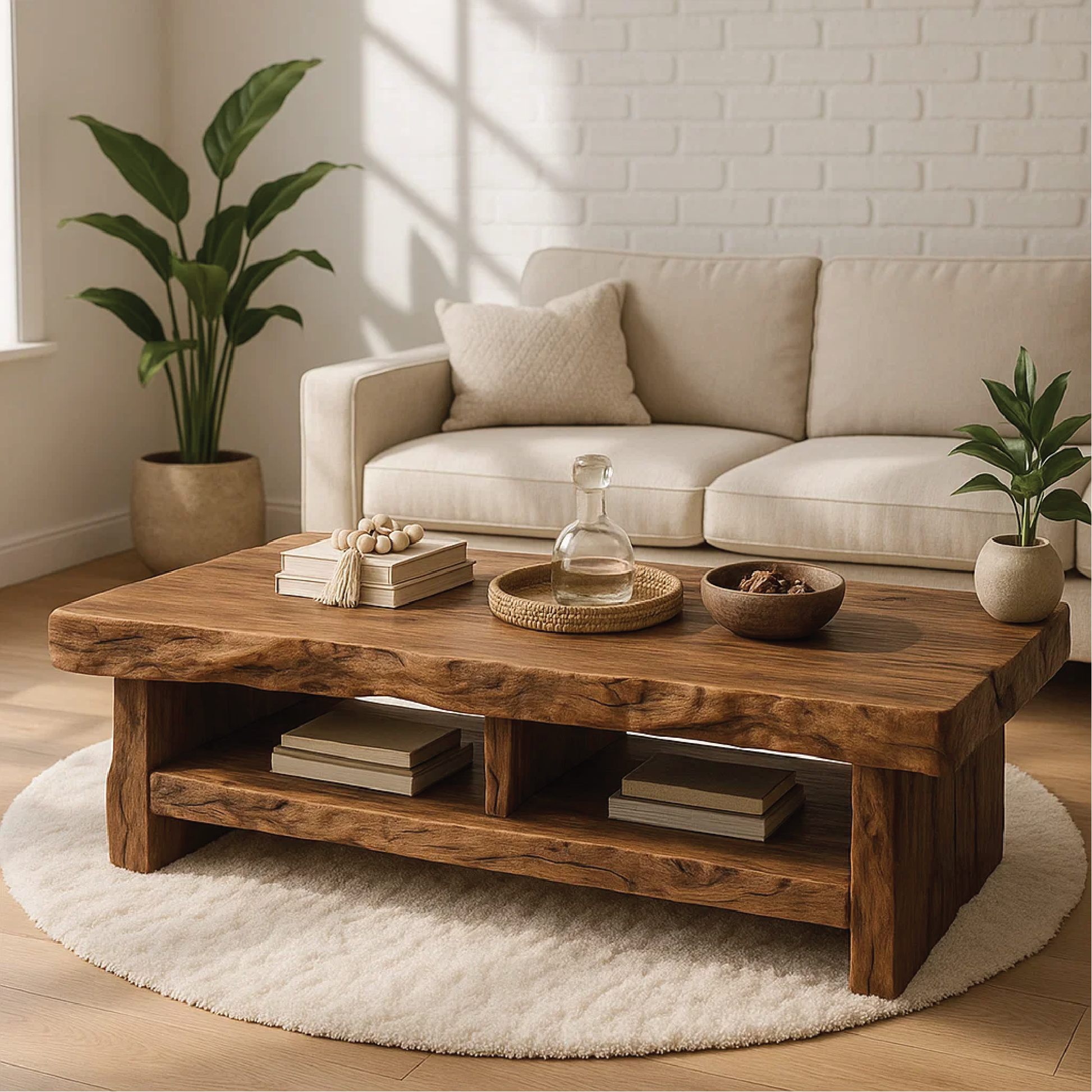 Handcrafted Solid Wood Coffee Table with Live Edge Design and Double Shelf for Storage Kitchnce