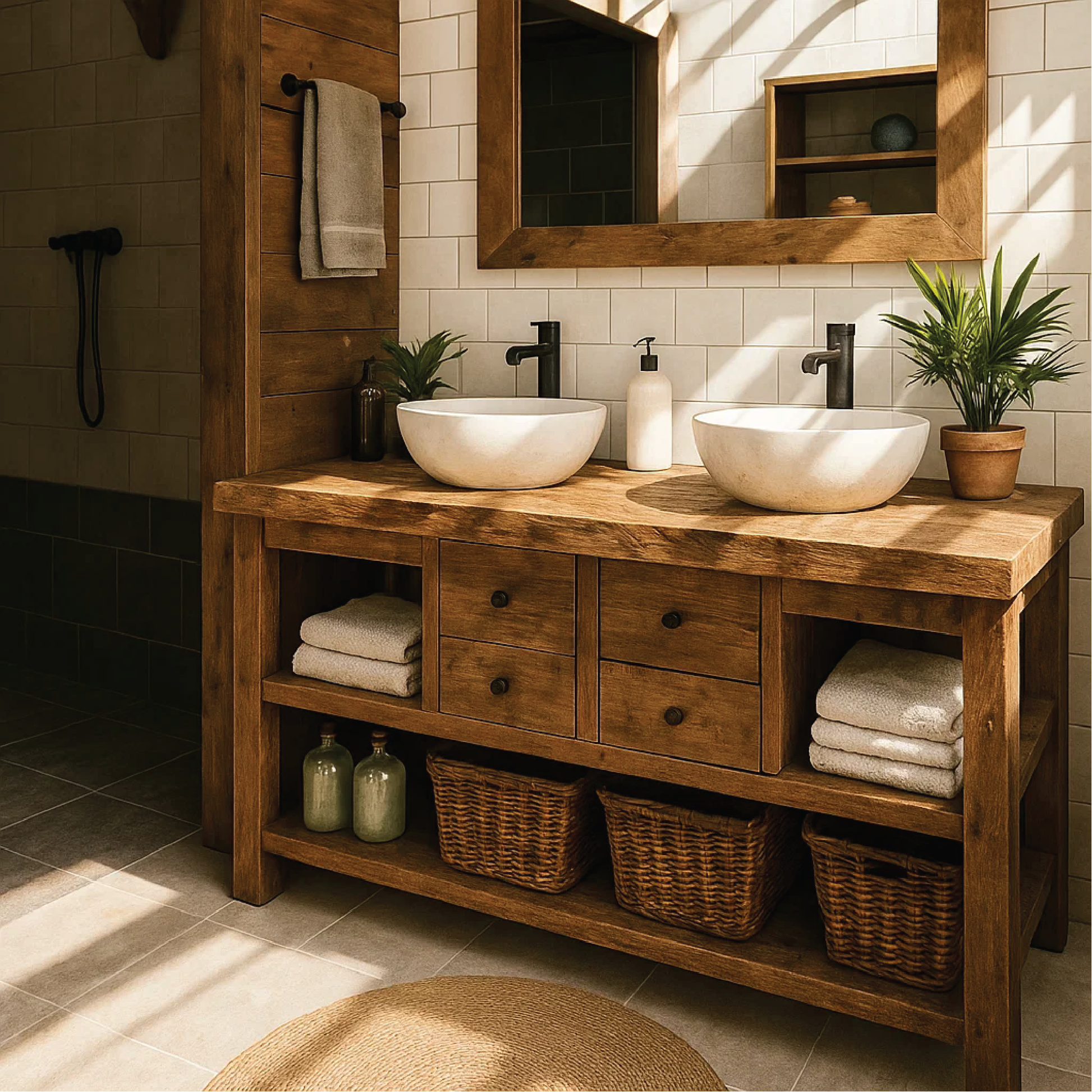 Rustic Double Sink Solid Wood Bathroom Vanity with Drawers and Open Storage Handmade Design Kitchnce