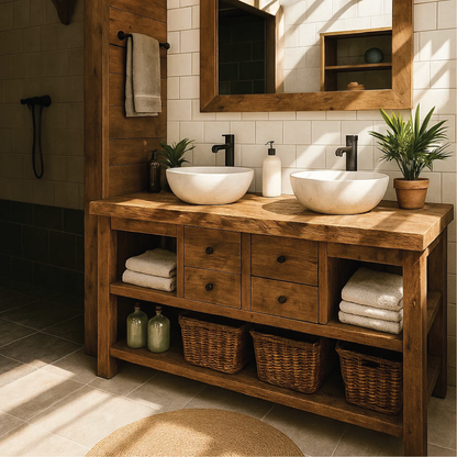 Rustic Double Sink Solid Wood Bathroom Vanity with Drawers and Open Storage Handmade Design Kitchnce