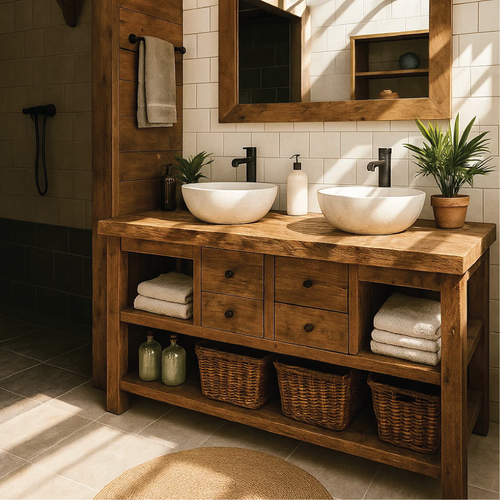 Rustic Double Sink Solid Wood Bathroom Vanity with Drawers and Open Storage Handmade Design Kitchnce