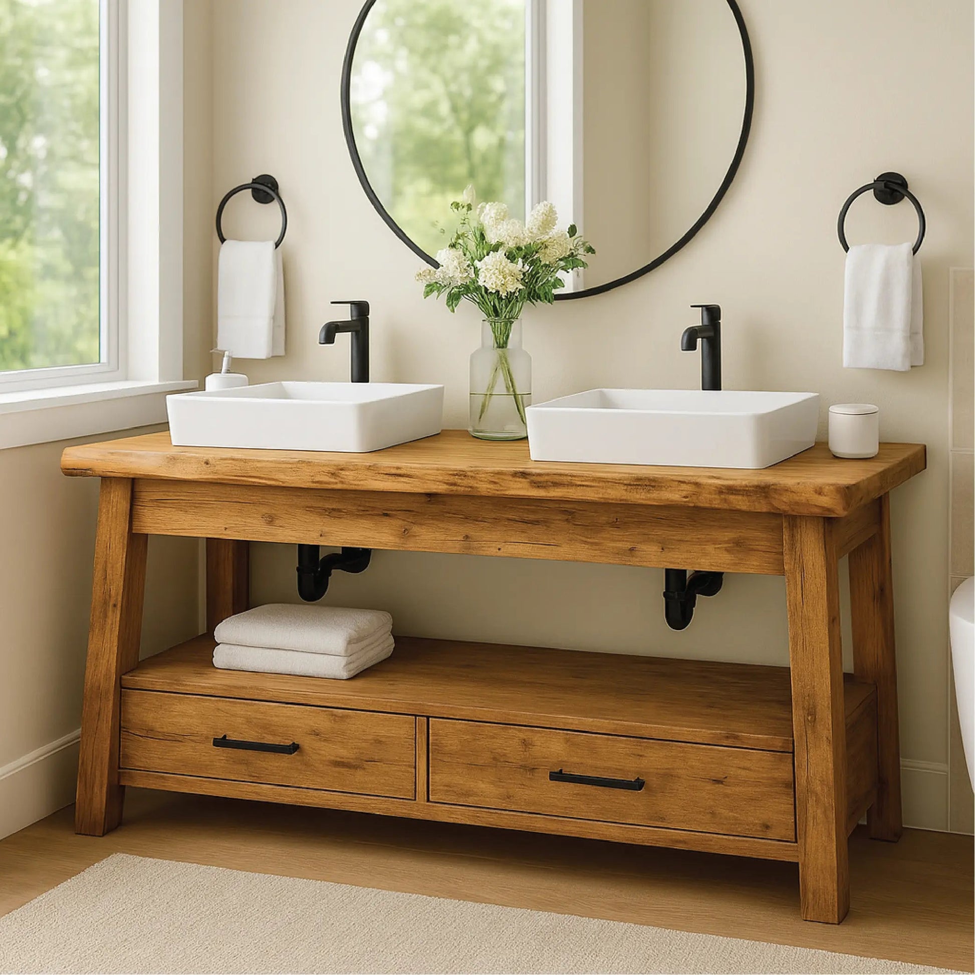 Handcrafted Double Solid Wood Bathroom Vanity with Drawers and Natural Finish for Modern Spaces Kitchnce