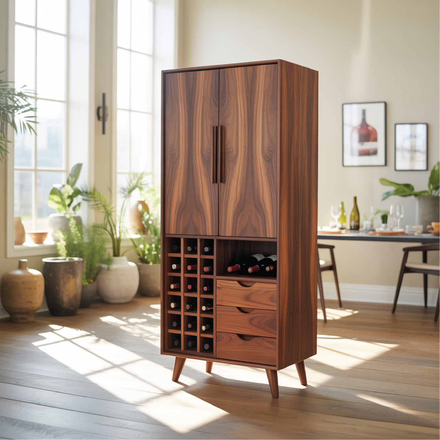 Handcrafted Solid Wood Dining Cabinet with Wine Storage Grid, Drawers and Tall Double Doors Kitchnce