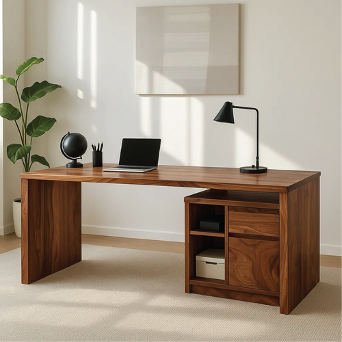 Handcrafted Solid Wood Work Desk – Modern Minimalist Office Table with Storage Shelves & Drawer Kitchnce