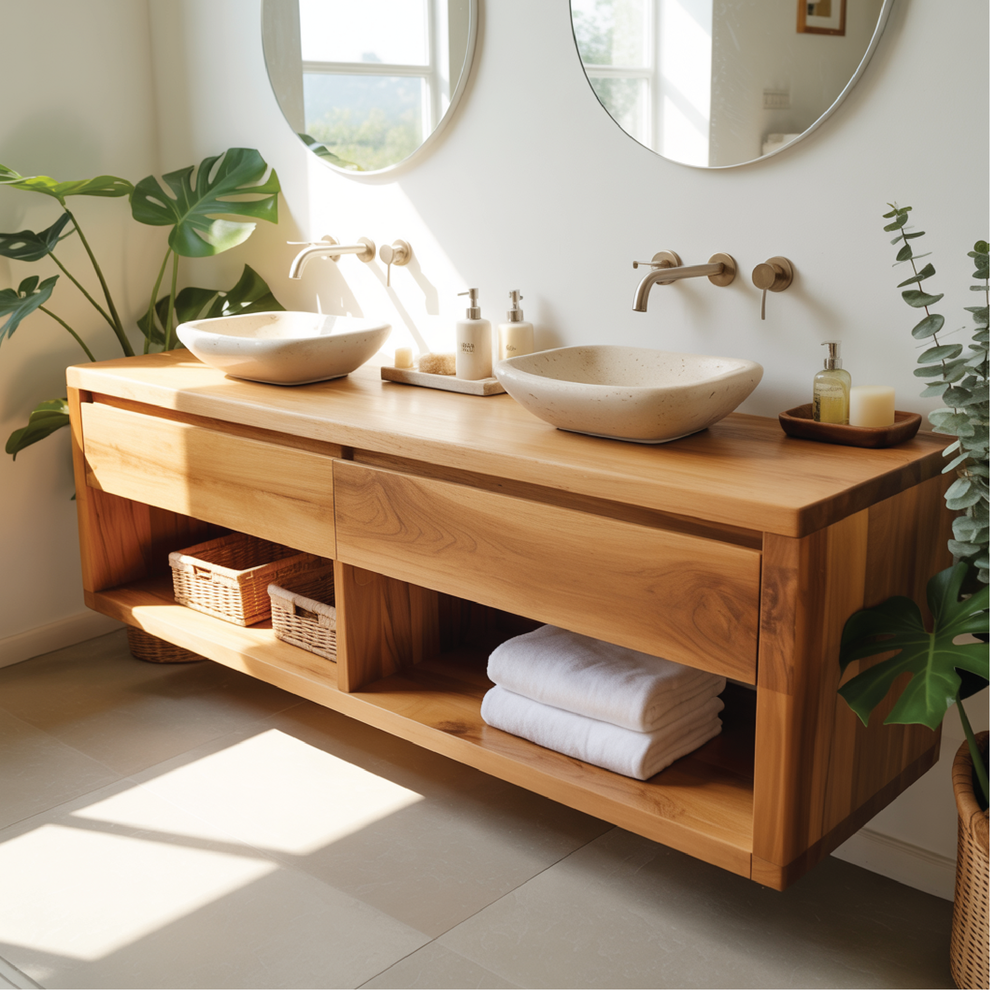 Floating solid wood vanity with double sinks – handcrafted bathroom furniture for modern homes Kitchnce