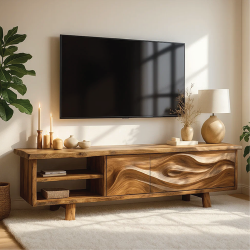 Handcrafted Solid Wood TV Stand with Wave Carved Doors and Natural Finish for Modern Living Rooms Kitchnce