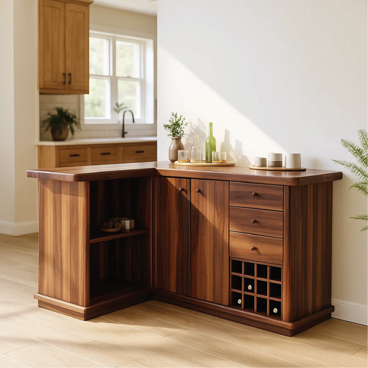 Solid Wood Wine Storage Cabinet with Drawers and Rack – Premium L-Shaped Bar Furniture Kitchnce