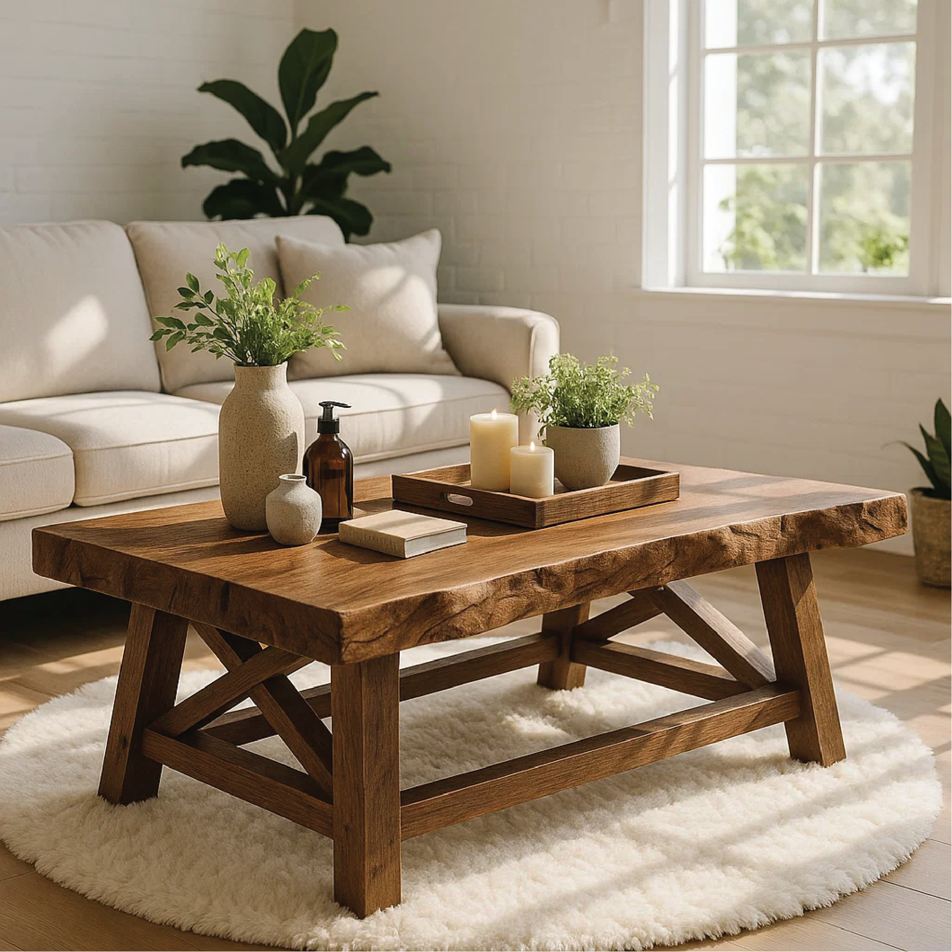 Handcrafted Solid Wood Coffee Table with Rustic Live Edge Top and Sturdy Cross-Leg Base Kitchnce