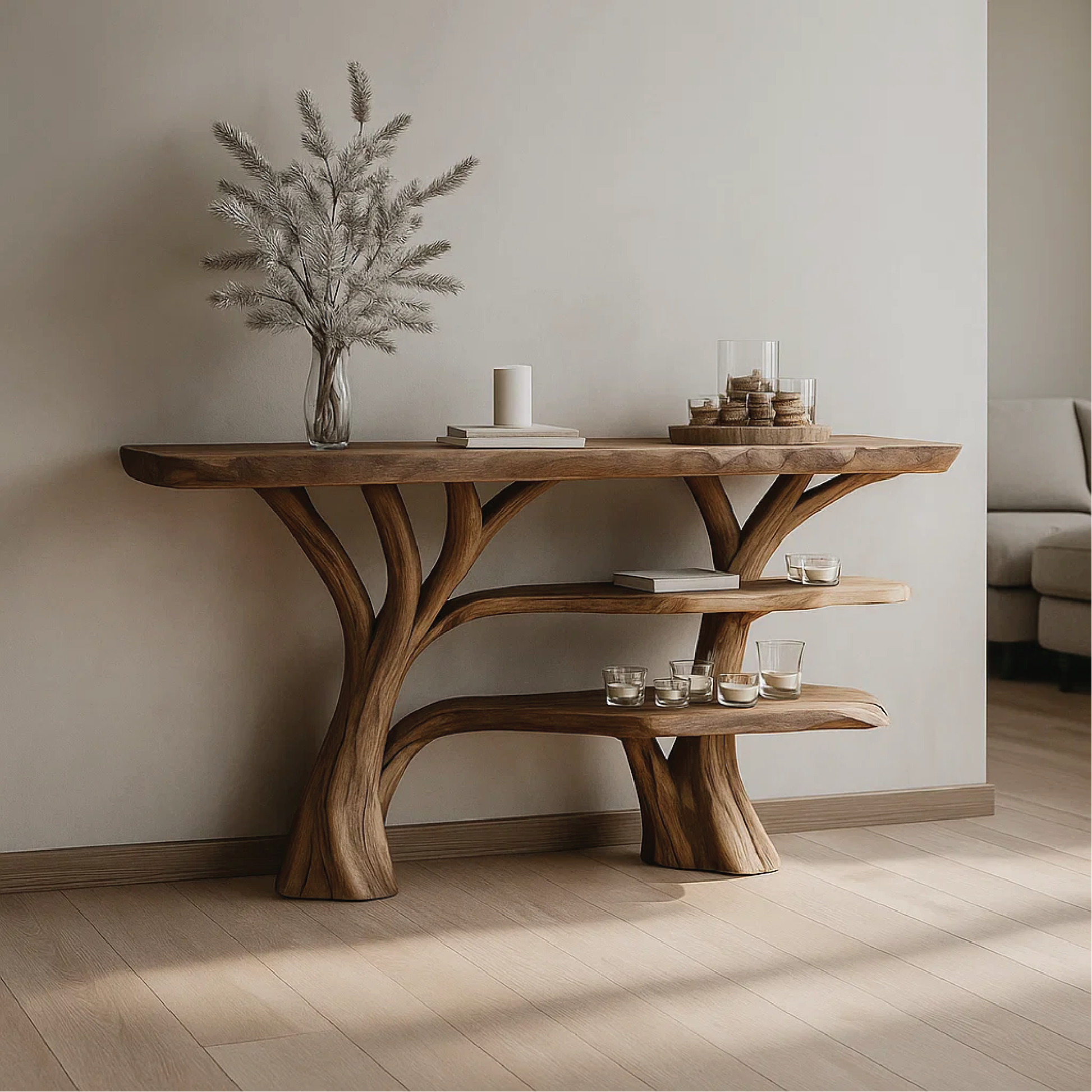 Handcrafted Solid Wood Tree Console Table with Multi-Tier Organic Design for Modern Interiors Kitchnce