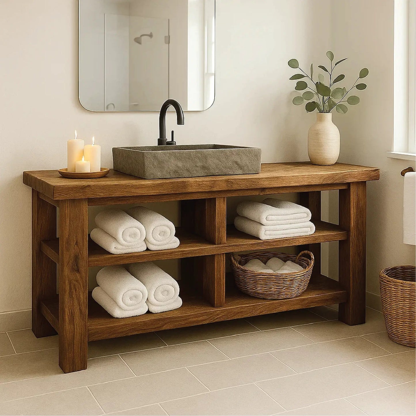 Handcrafted Solid Wood Bathroom Vanity with Open Shelving for Natural and Minimalist Interiors Kitchnce