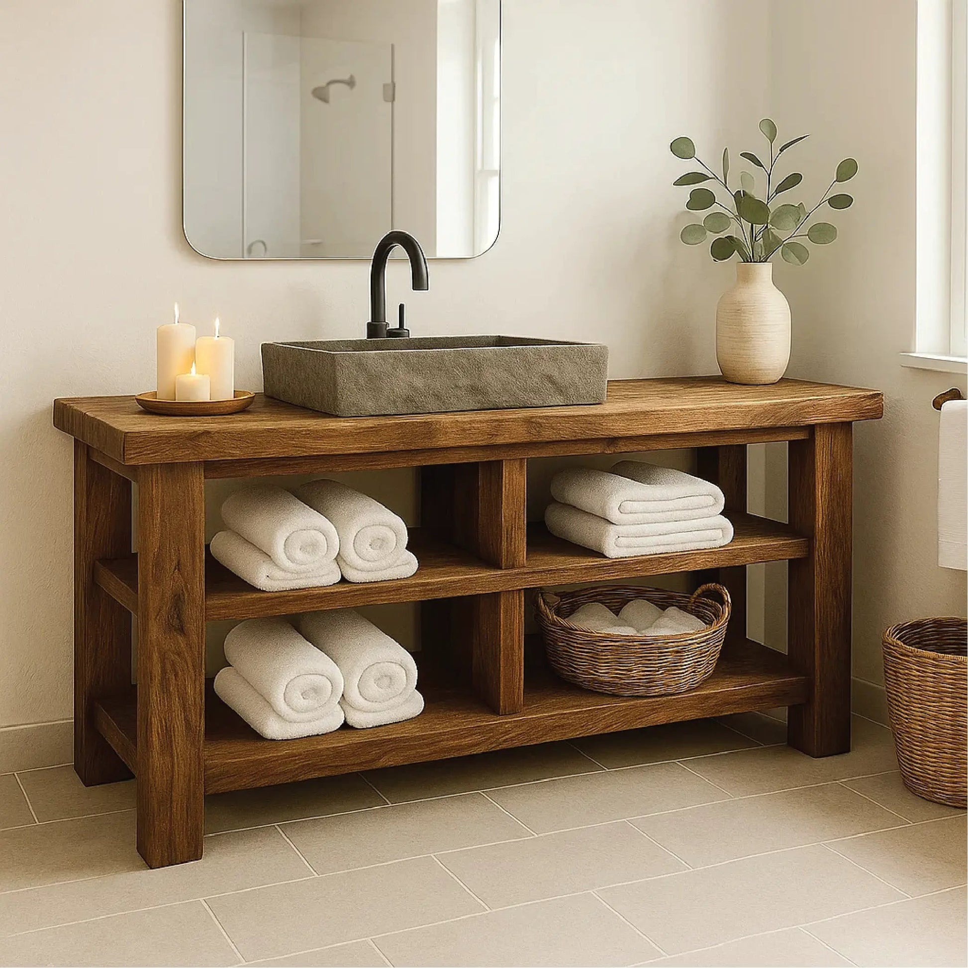 Handcrafted Solid Wood Bathroom Vanity with Open Shelving for Natural and Minimalist Interiors Kitchnce