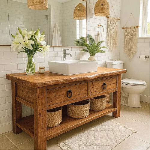 Handcrafted Solid Wood Bathroom Vanity with Drawers and Open Shelf in Natural Rustic Finish Kitchnce