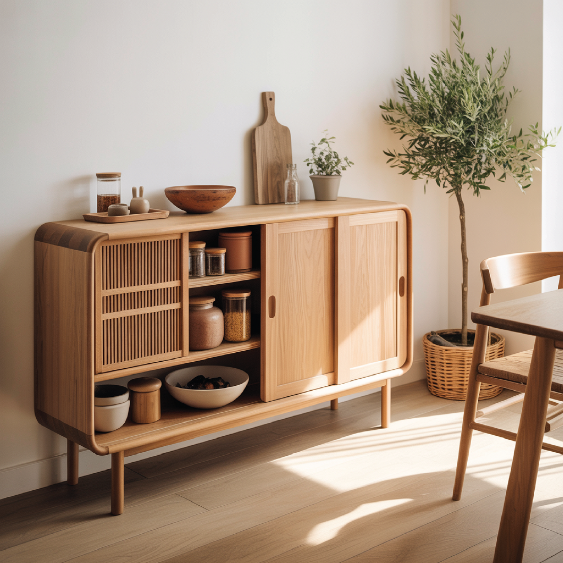 Solid Wood Console Table with Sliding Doors – Handmade Natural Finish Storage Cabinet Kitchnce