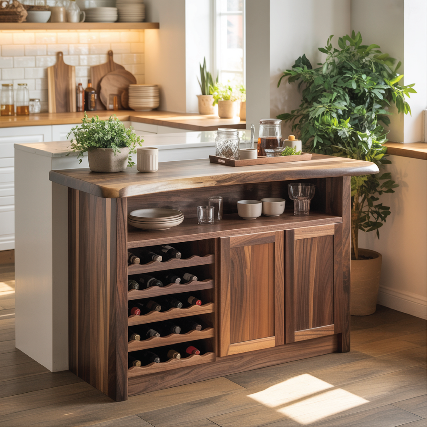 Handcrafted Solid Wood Wine Cabinet for Dining Room | Elegant Natural Storage & Display Kitchnce