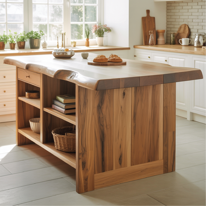 Handcrafted Solid Wood Kitchen Island with Live-Edge Top and Open Storage Shelves Kitchnce
