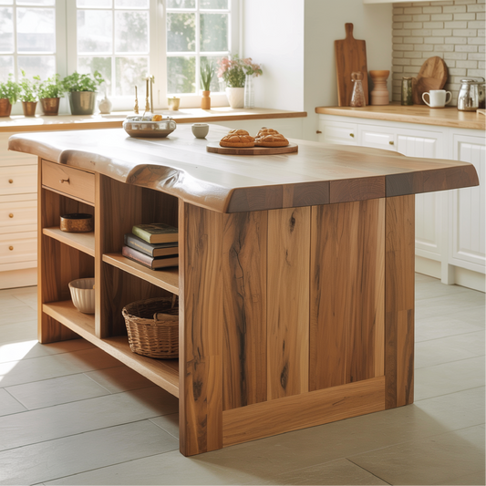 Handcrafted Solid Wood Kitchen Island with Live-Edge Top and Open Storage Shelves Kitchnce