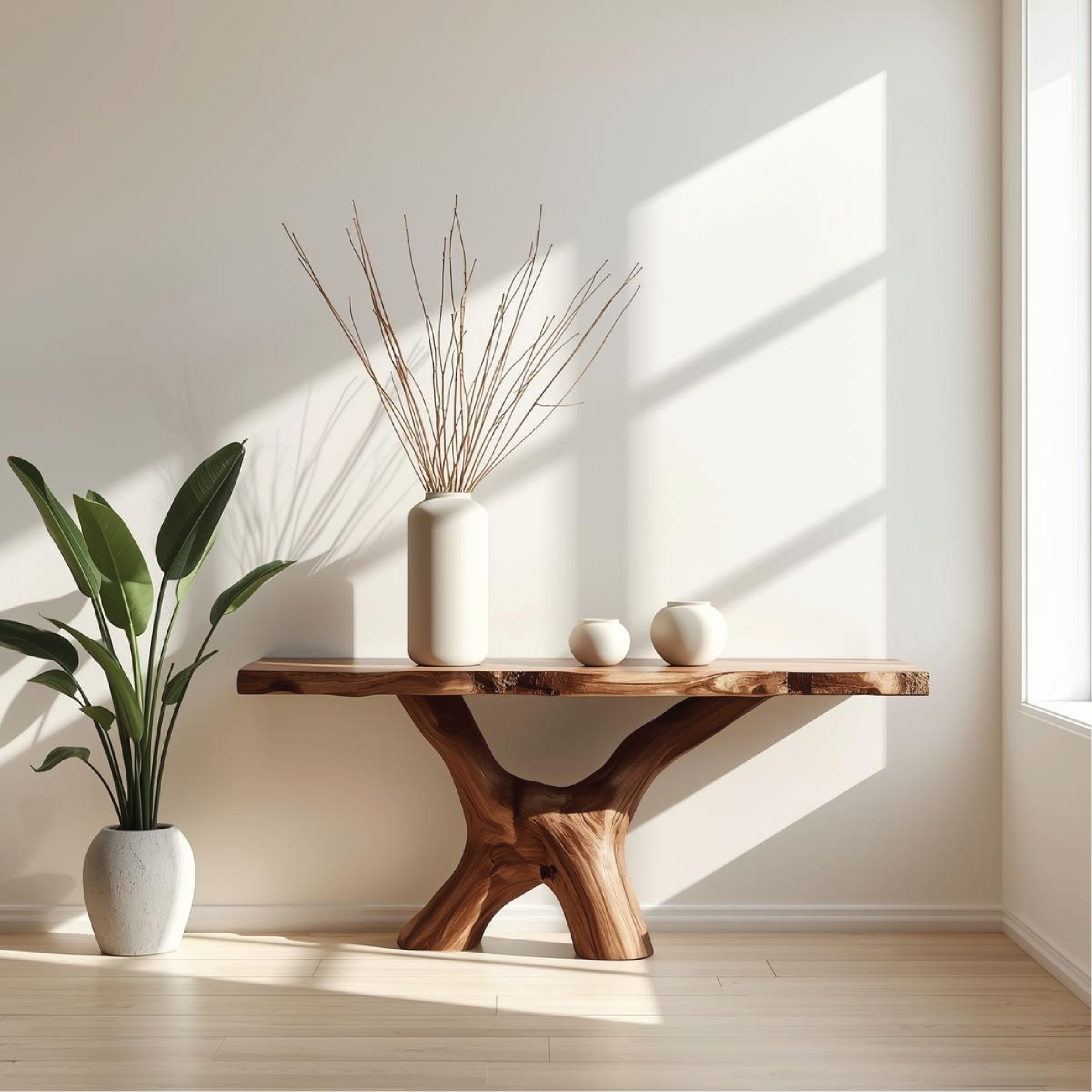 Handcrafted Solid Wood Console Table with Sculptural Organic Base and Natural Live Edge Kitchnce