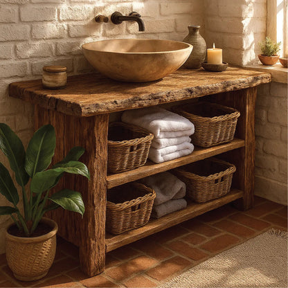 Rustic Handcrafted Solid Wood Bathroom Vanity with Open Shelves and Natural Live Edge Design Kitchnce
