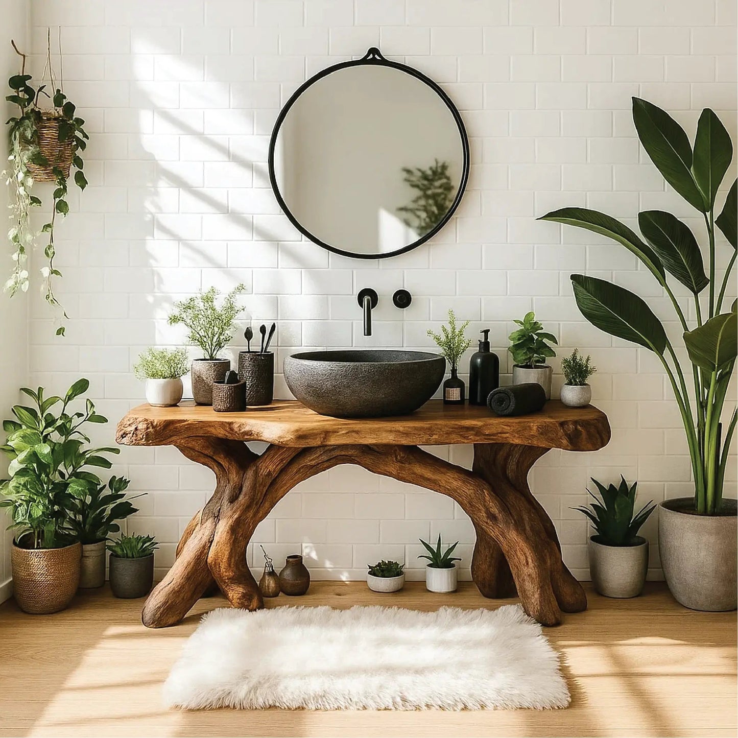 Handcrafted Solid Wood Bathroom Vanity with Organic Root Base and Natural Rustic Design Kitchnce