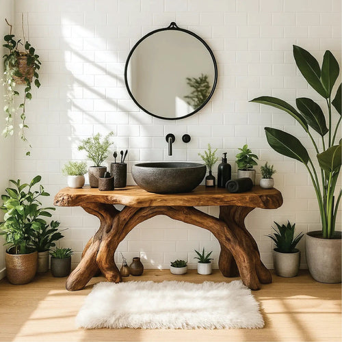 Handcrafted Solid Wood Bathroom Vanity with Organic Root Base and Natural Rustic Design Kitchnce