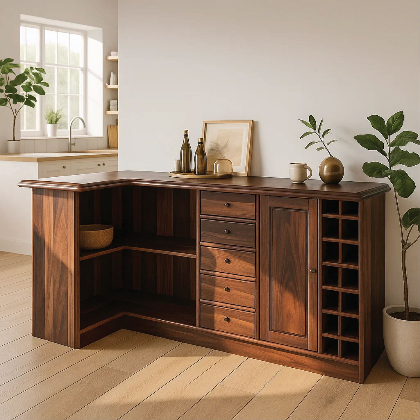 Solid Wood Wine Storage Cabinet with Shelves and Drawers – Premium Corner Bar Furniture Kitchnce