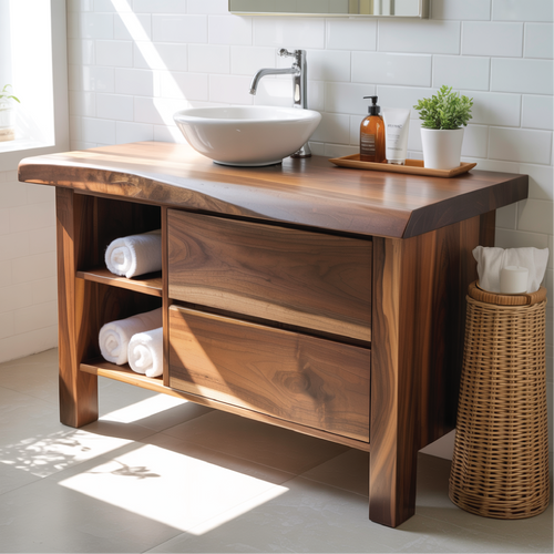 Handcrafted Solid Wood Bathroom Vanity with Live-Edge Countertop and Modern Open Shelf Storage Kitchnce