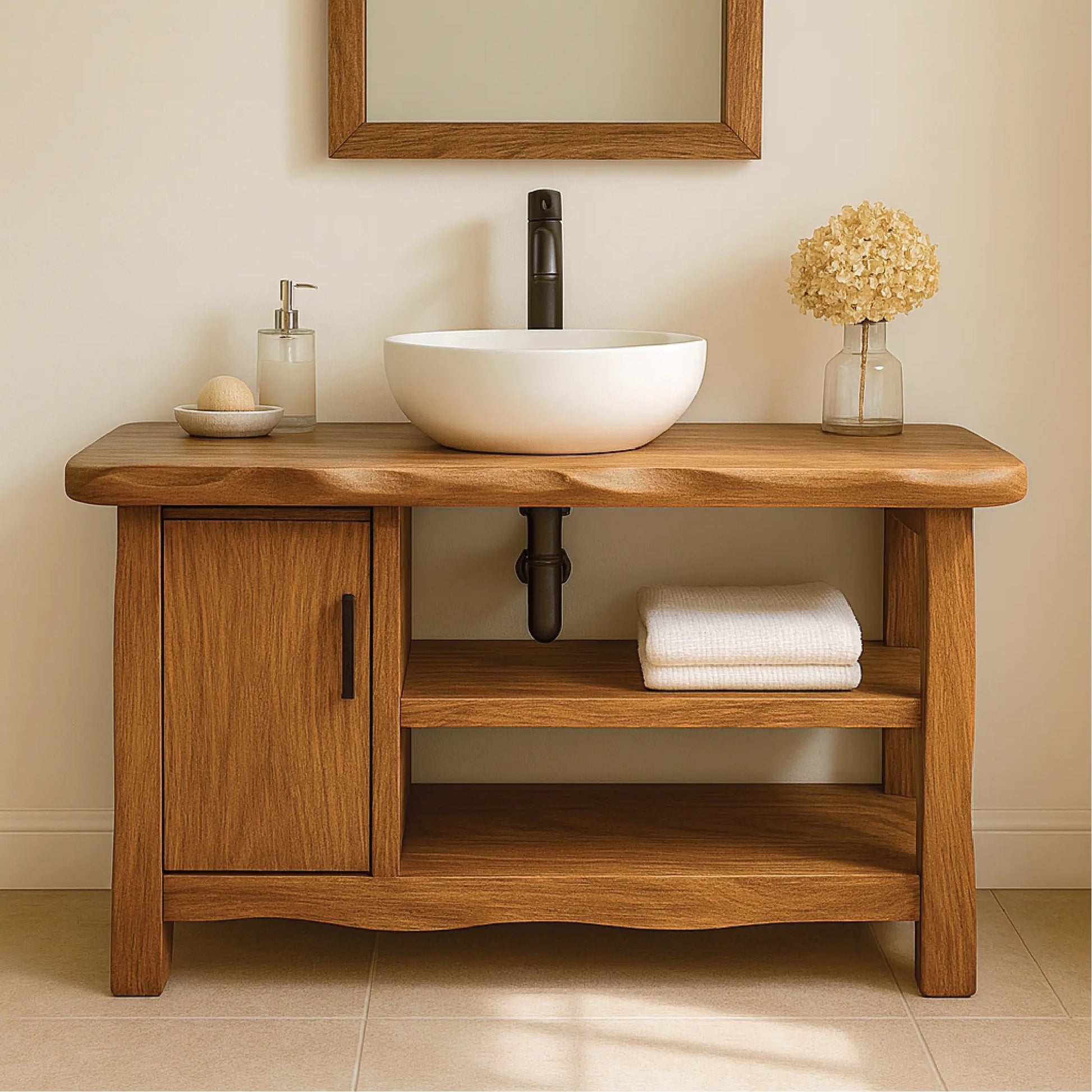 Handcrafted Solid Wood Bathroom Vanity with Cabinet and Open Shelves for Natural Minimal Interiors Kitchnce