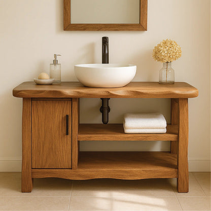 Handcrafted Solid Wood Bathroom Vanity with Cabinet and Open Shelves for Natural Minimal Interiors Kitchnce