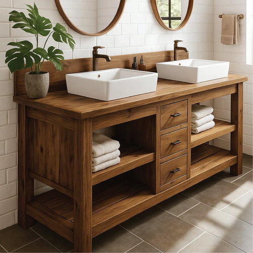 Handcrafted Double Bathroom Vanity in Solid Wood with Drawers and Open Shelves for Modern Spaces Kitchnce