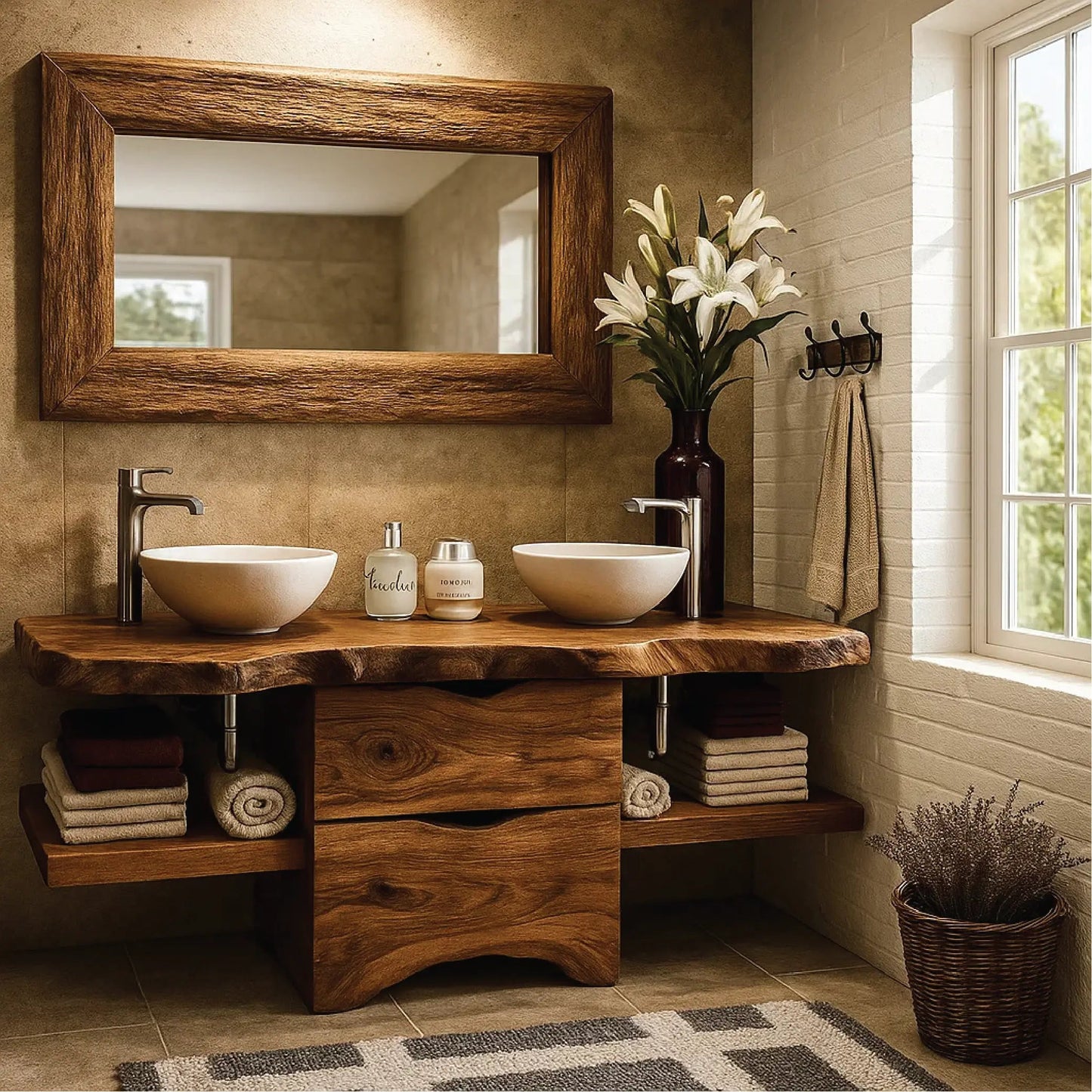 Handcrafted Double Bathroom Vanity in Solid Wood with Live Edge Top and Central Storage Drawers Kitchnce