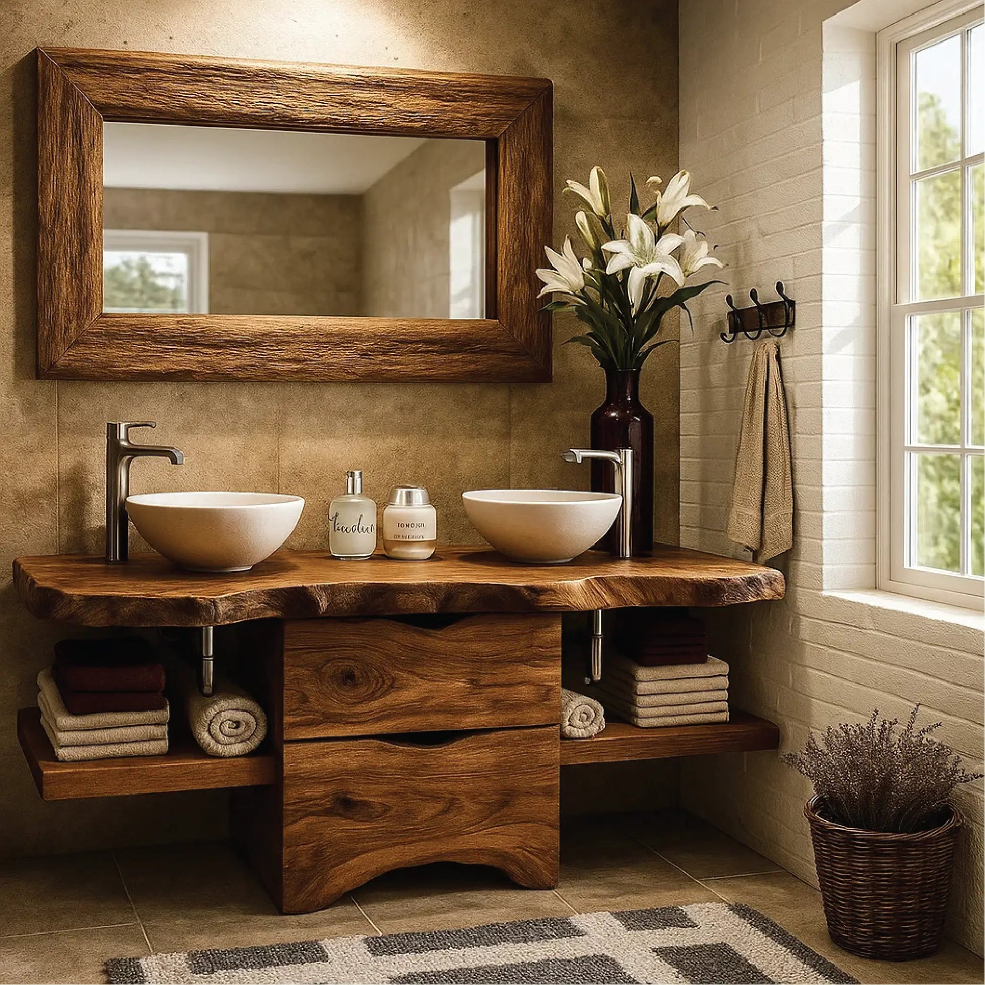 Handcrafted Double Bathroom Vanity in Solid Wood with Live Edge Top and Central Storage Drawers Kitchnce