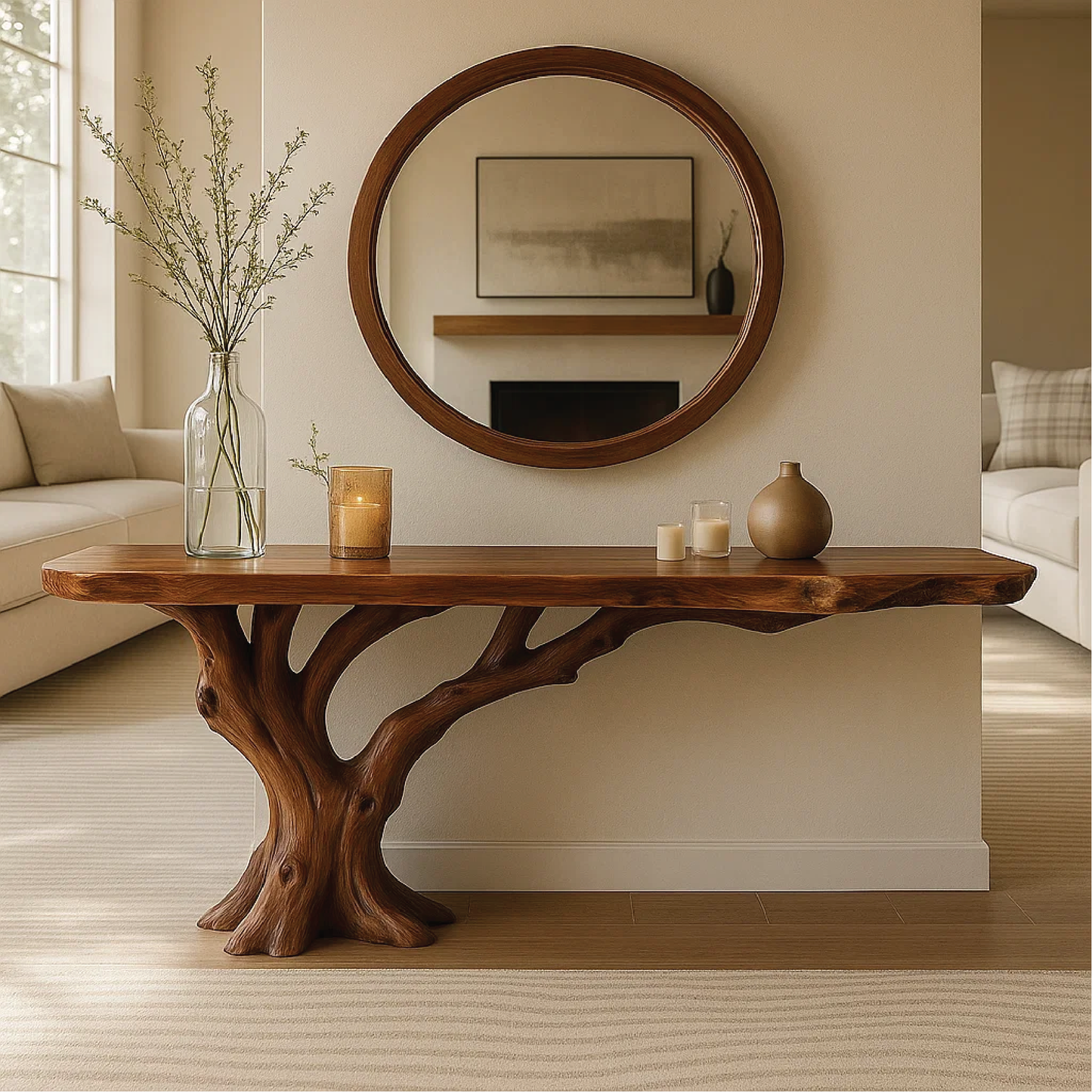 Handcrafted Solid Wood Console Table with Tree Trunk Base and Natural Live Edge Design Kitchnce