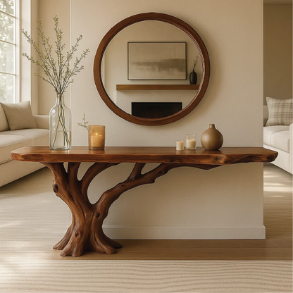 Handcrafted Solid Wood Console Table with Tree Trunk Base and Natural Live Edge Design Kitchnce