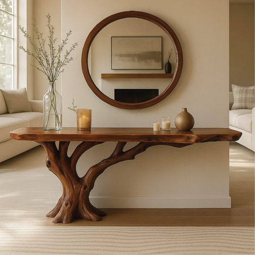 Handcrafted Solid Wood Console Table with Tree Trunk Base and Natural Live Edge Design Kitchnce