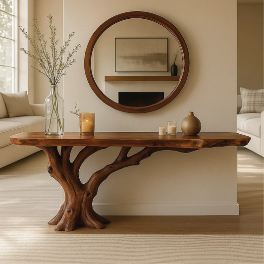 Handcrafted Solid Wood Console Table with Tree Trunk Base and Natural Live Edge Design Kitchnce