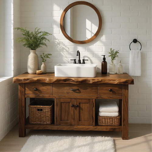 Handcrafted Solid Wood Vanity with Live Edge Top and Rustic Cabinet Storage Design Kitchnce