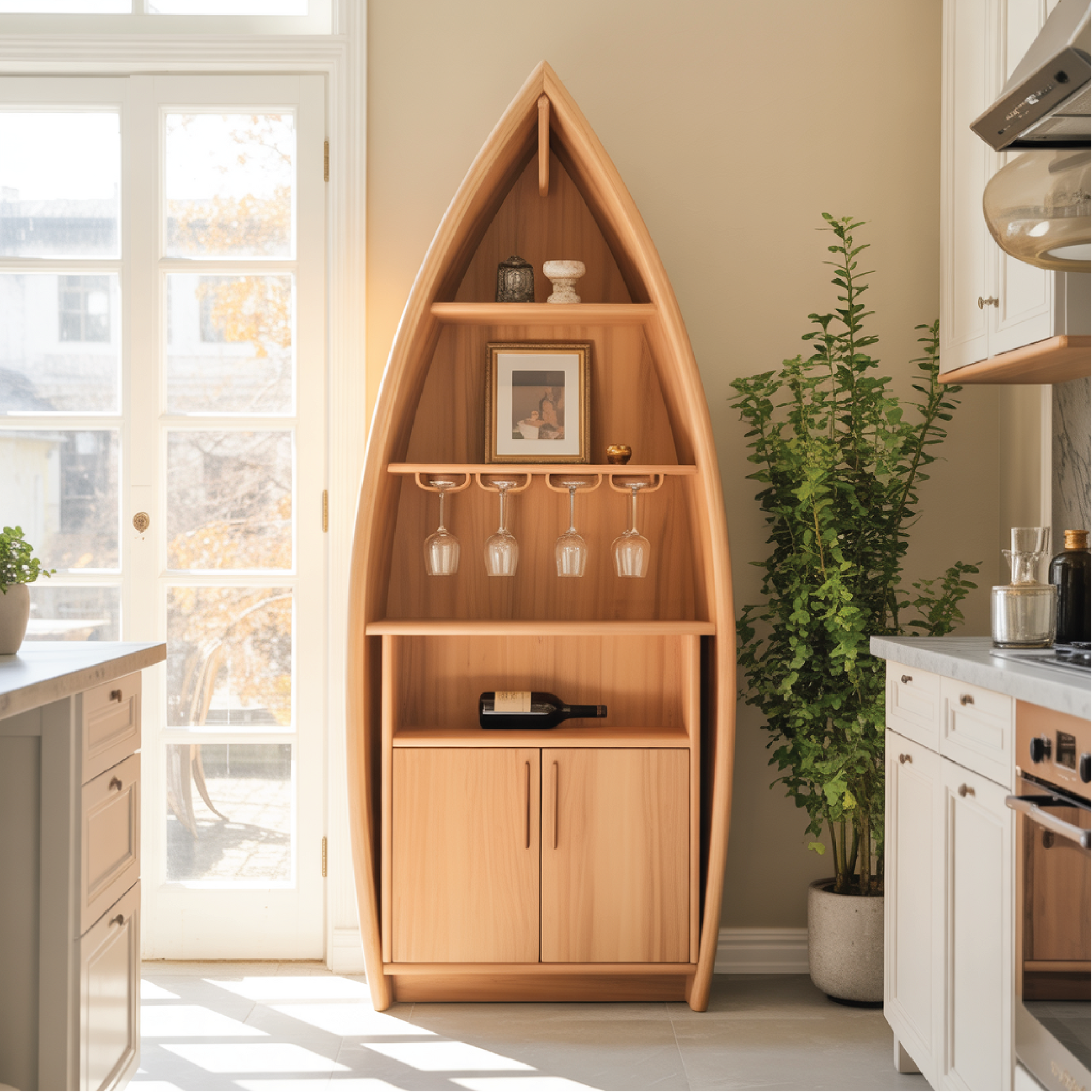 Handcrafted Solid Wood Boat-Shaped Dining Cabinet with Glass Rack and Lower Storage Doors Kitchnce